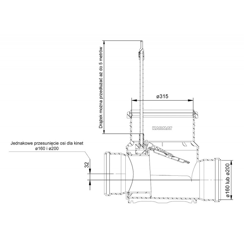Baza camin PVC 315  1 intrare / 1 ieșire Ø200 cu clapeta antiretur, pentru teava lisa
